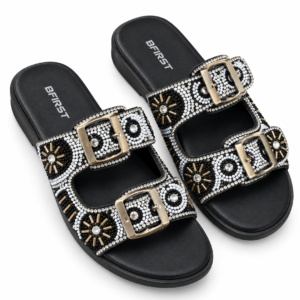 Beaded Double Buckle Flat Sandals for Women - Embellished Slip-On Sandals