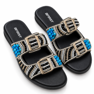 Beaded Double Buckle Flat Sandals for Women - Embellished Slip-On Sandals