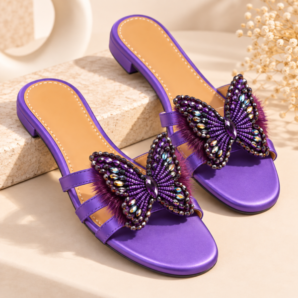Butterfly Bliss Beaded Flat Sandals for Women - Colorful Slip-On Sandals