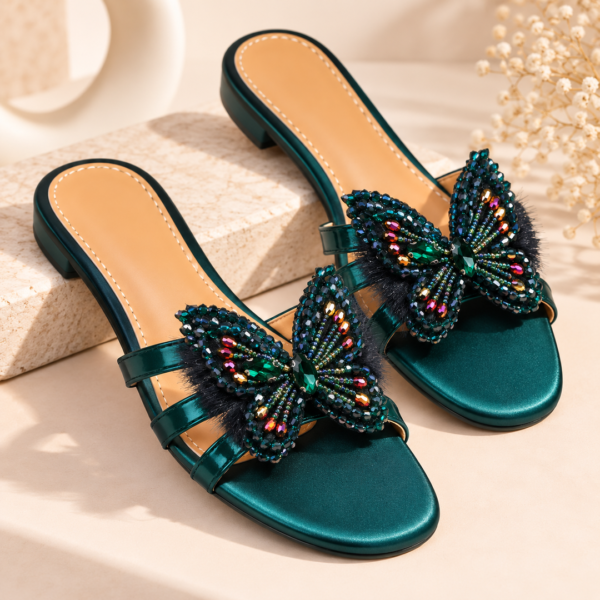 Butterfly Bliss Beaded Flat Sandals for Women - Colorful Slip-On Sandals