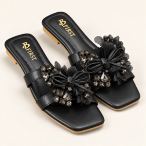 Crystal Embellished Floral Bow Mule Heels for Women - Pointed Toe Party Heels