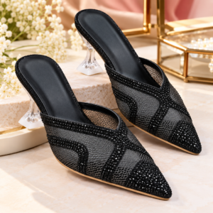 Crystal Mesh Pointed-Toe Mule Heels for Women - Rhinestone Party Heels