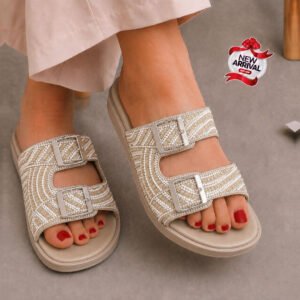 Crystal Wave Rhinestone Flat Sandals for Women - Double Buckle Slip-On Sandals