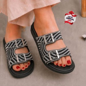 bf-crystal-wave-rhinestone-flat-sandals-for-2 Crystal Wave Rhinestone Flat Sandals for Women - Double Buckle Slip-On Sandals