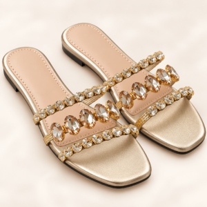 Emerald Green Jeweled Square-Toe Flat Sandals for Women - Embellished Sandals