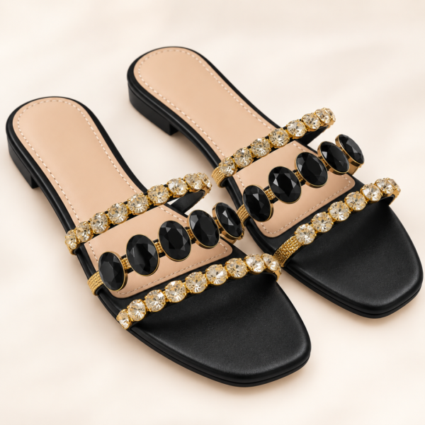 Emerald Green Jeweled Square-Toe Flat Sandals for Women - Embellished Sandals