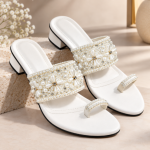 Pearl Blossom Floral Block Heel Sandals for Women - Embellished Party Sandals