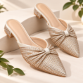 Sparkling Crystal Rhinestone Pointed-Toe Mule Heels for Women - Party Heels