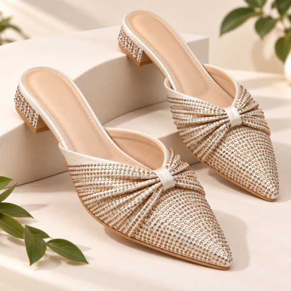 Sparkling Crystal Rhinestone Pointed-Toe Mule Heels for Women - Party Heels