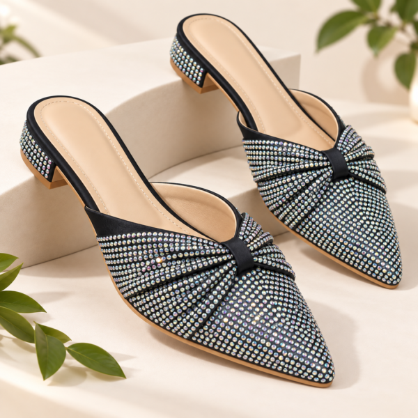 Sparkling Crystal Rhinestone Pointed-Toe Mule Heels for Women - Party Heels
