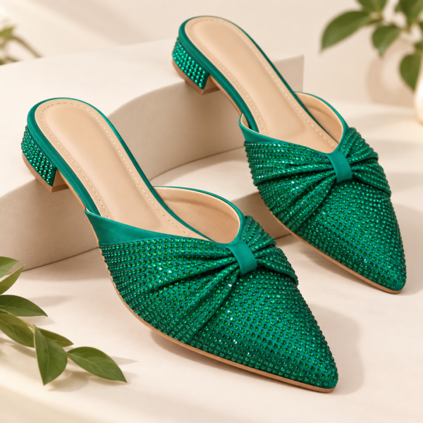 Sparkling Crystal Rhinestone Pointed-Toe Mule Heels for Women - Party Heels