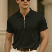 Black Zipper Texture Polo For Men & Young Boys - Premium Fabric Quality