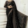 Embroidered Net Saree for Women - Black with Gold Work - view 1