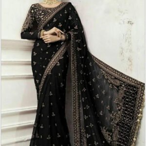 Embroidered Net Saree for Women - Black with Gold Work - view 1