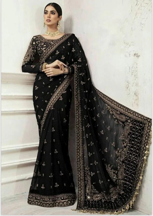 Embroidered Net Saree for Women - Black with Gold Work - view 1