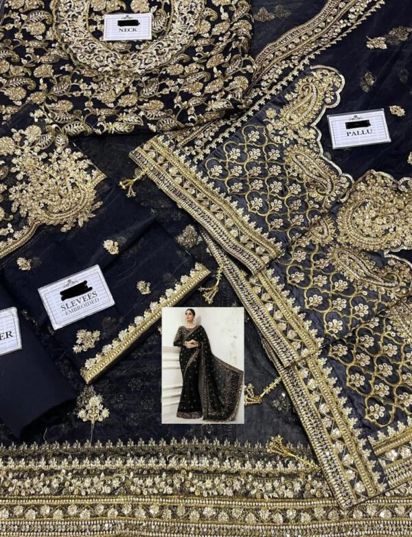 Embroidered Net Saree for Women - Black with Gold Work - view 3