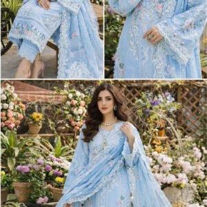 Chikankari Embroidered Cotton 3-Piece Unstitched Suit for Women - Powder Blue with Organza Dupatta - view 2
