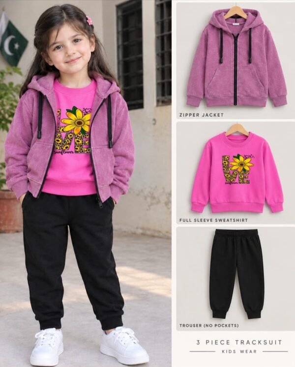 Kids Girl 3Pc Track Suit – Zipper + T-Shirt + Trouser Fleece Set