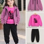 Kids Girl 3Pc Track Suit – Zipper + T-Shirt + Trouser Fleece Set