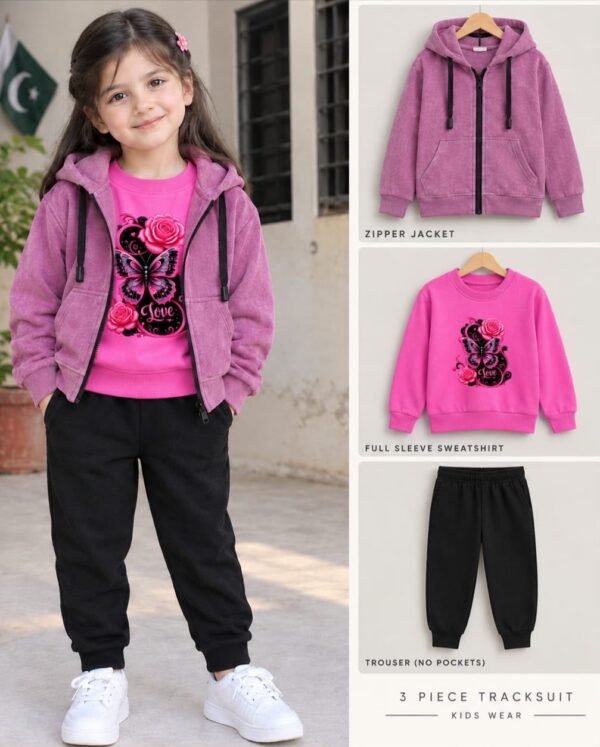 Kids Girl 3Pc Track Suit – Zipper + T-Shirt + Trouser Fleece Set