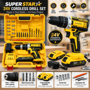 Cordless Drill Machine Kit with 2 Batteries Accessories Compact Rechargeable Impact Drill Set