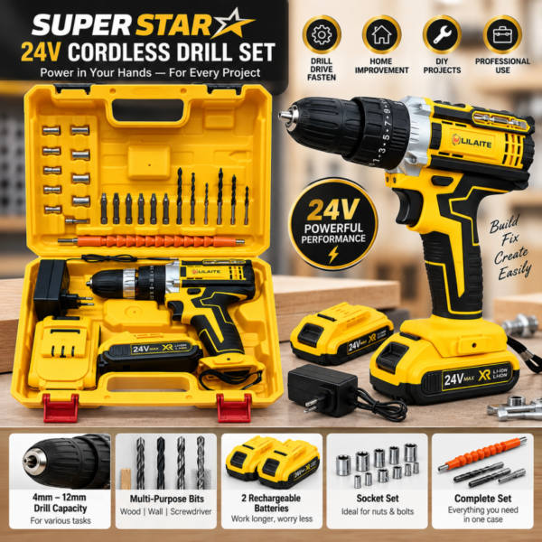 Cordless Drill Machine Kit with 2 Batteries Accessories Compact Rechargeable Impact Drill Set
