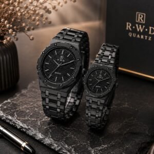 Close-up view of RWD couple watches for men and women