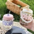 Imported Cute Girl Transparent Cup With Pearl Chain & Straw Gift
