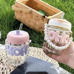 Imported Cute Girl Transparent Cup With Pearl Chain & Straw Gift