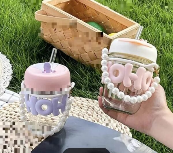 Imported Cute Girl Transparent Cup With Pearl Chain & Straw Gift