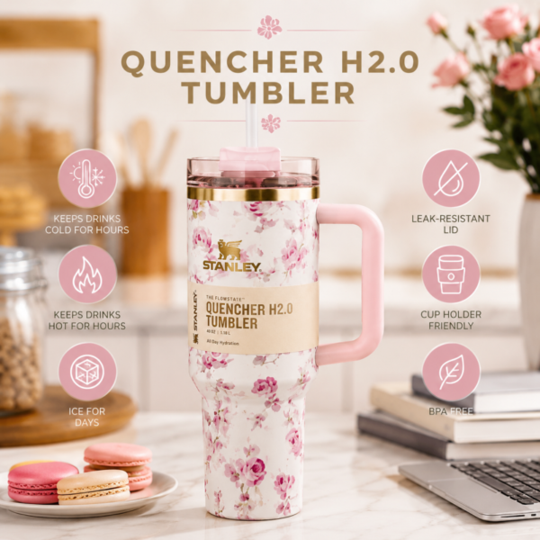 Floral 40oz Steel Insulated Tumbler Travel Mug with Handle Straw - High Quality