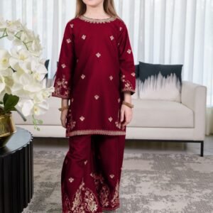 Girls maroon embroidered 2 piece suit for festive wear