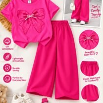 Girls Bow Print T-Shirt & Flapper Trouser Set - hot pink flapper hot pink t-shirt colourway photo 1