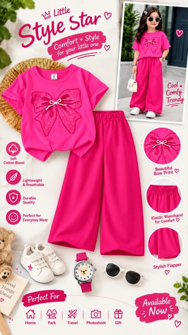 Girls Bow Print T-Shirt & Flapper Trouser Set - hot pink flapper hot pink t-shirt colourway photo 1