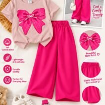 Girls Bow Print T-Shirt & Flapper Trouser Set - hot pink flapper light pink t-shirt colourway photo 10