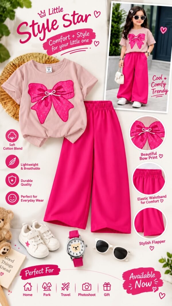 Girls Bow Print T-Shirt & Flapper Trouser Set - hot pink flapper light pink t-shirt colourway photo 10