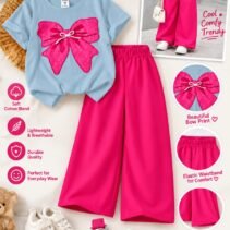 Girls Bow Print T-Shirt & Flapper Trouser Set - hot pink flapper sky blue t-shirt colourway photo 11
