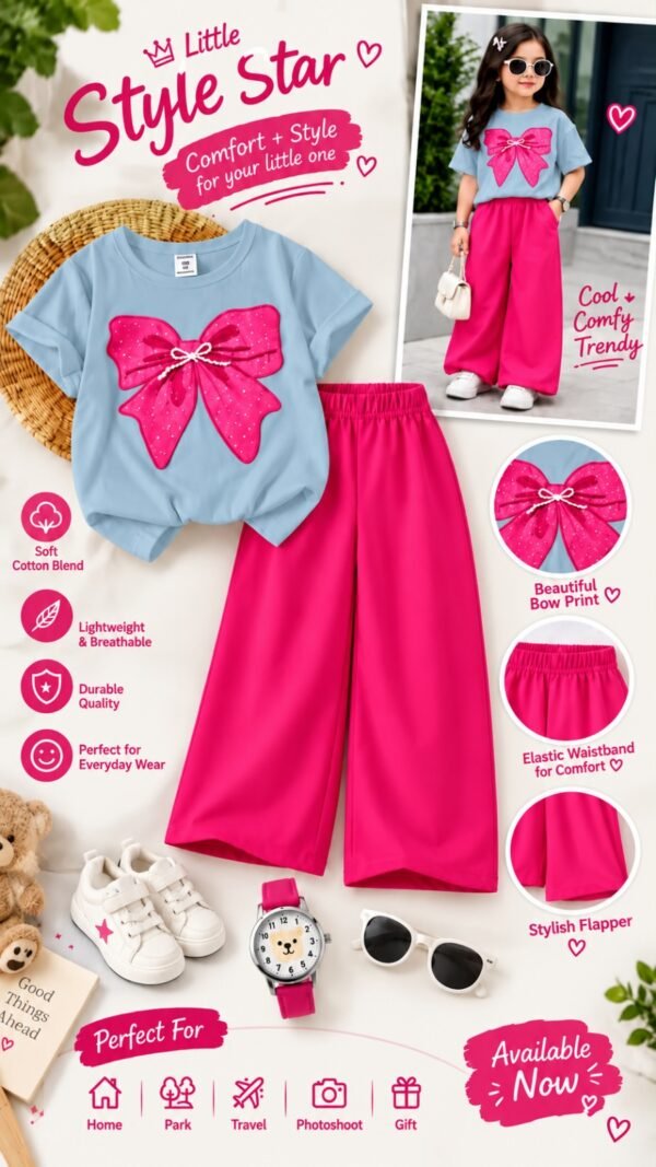 Girls Bow Print T-Shirt & Flapper Trouser Set - hot pink flapper sky blue t-shirt colourway photo 11