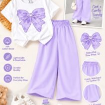 Girls Bow Print T-Shirt & Flapper Trouser Set - lilac flapper white t-shirt colourway photo 12