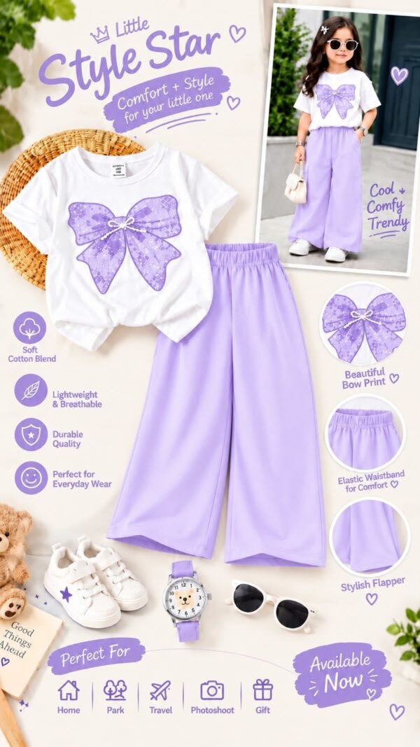 Girls Bow Print T-Shirt & Flapper Trouser Set - lilac flapper white t-shirt colourway photo 12