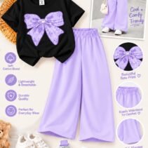 Girls Bow Print T-Shirt & Flapper Trouser Set - lilac flapper black t-shirt colourway photo 13