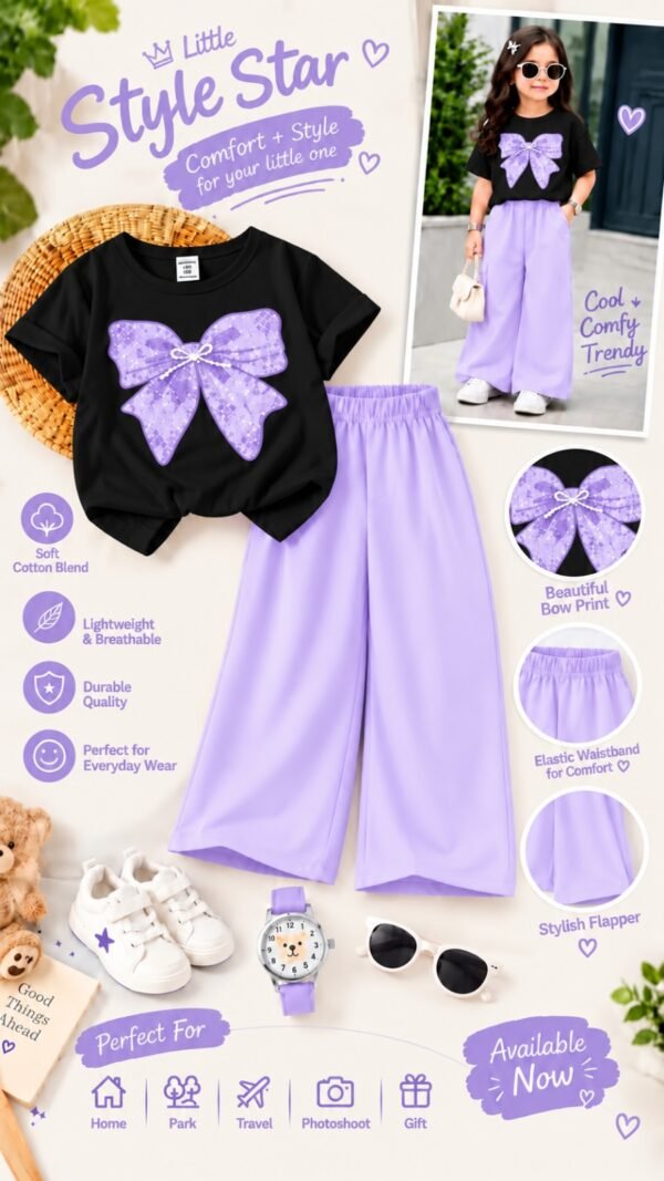 Girls Bow Print T-Shirt & Flapper Trouser Set - lilac flapper black t-shirt colourway photo 13