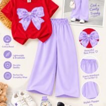 Girls Bow Print T-Shirt & Flapper Trouser Set - lilac flapper red t-shirt colourway photo 14