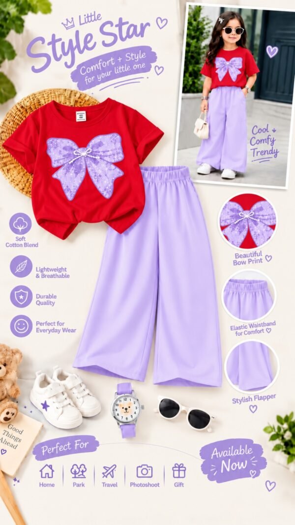 Girls Bow Print T-Shirt & Flapper Trouser Set - lilac flapper red t-shirt colourway photo 14