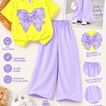 Girls Bow Print T-Shirt & Flapper Trouser Set - lilac flapper yellow t-shirt colourway photo 15