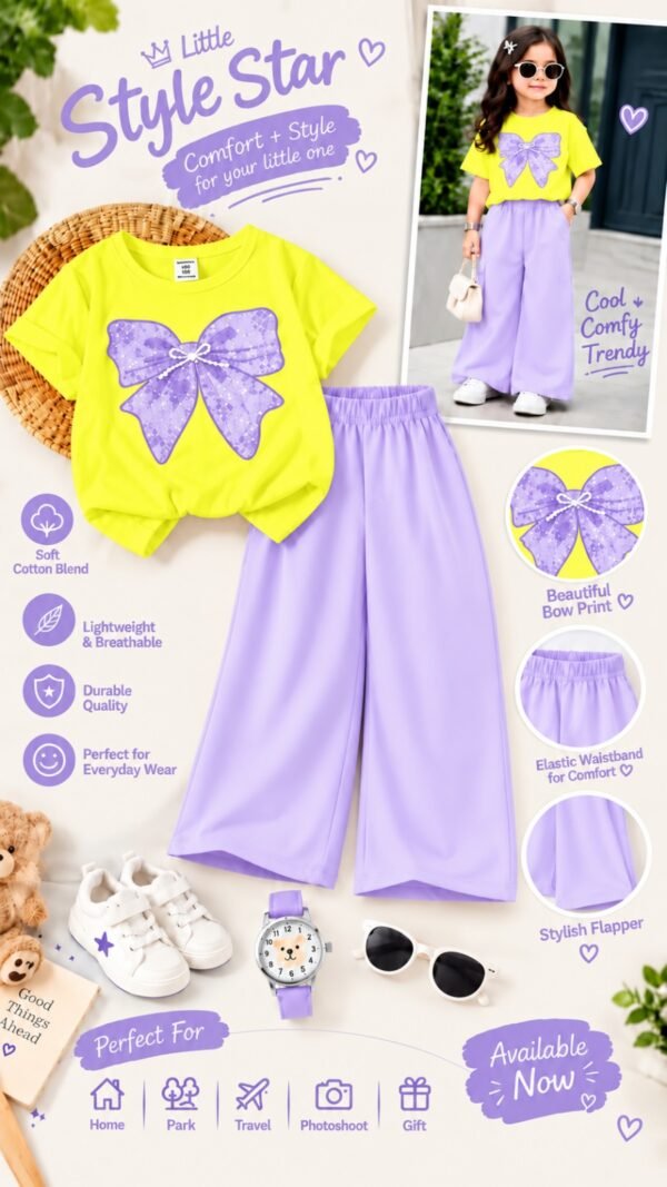 Girls Bow Print T-Shirt & Flapper Trouser Set - lilac flapper yellow t-shirt colourway photo 15