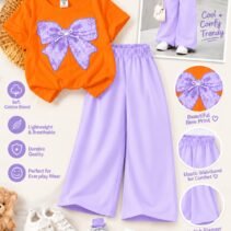 Girls Bow Print T-Shirt & Flapper Trouser Set - lilac flapper orange t-shirt colourway photo 16