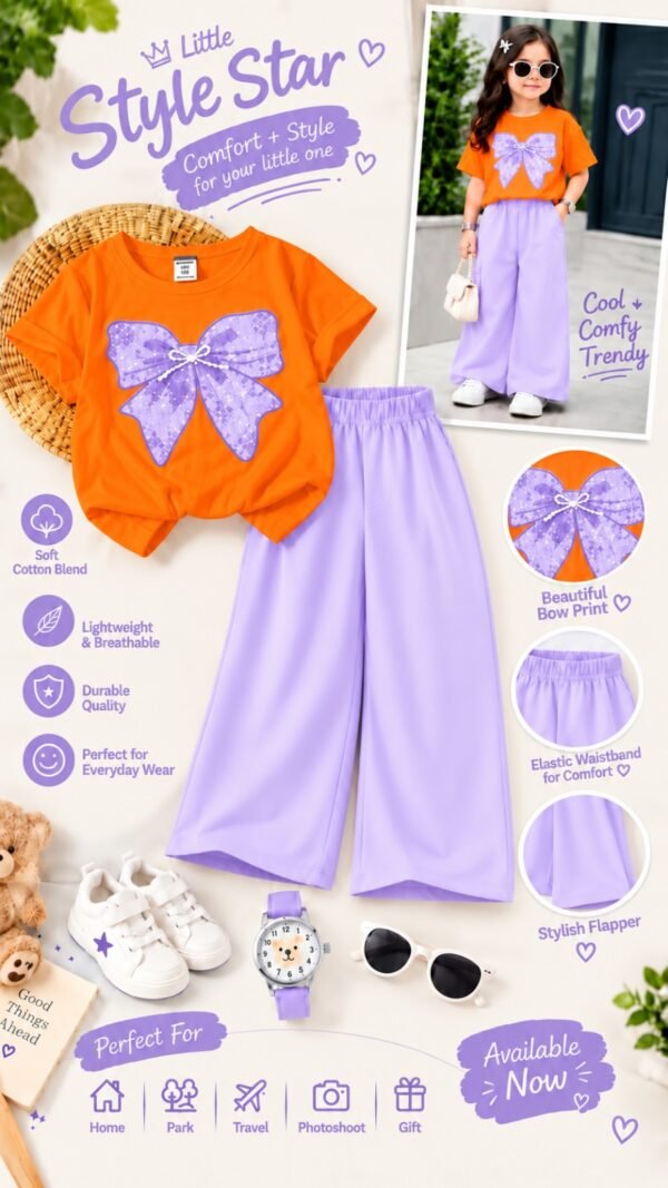 Girls Bow Print T-Shirt & Flapper Trouser Set - lilac flapper orange t-shirt colourway photo 16