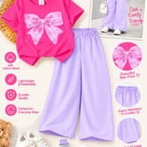 Girls Bow Print T-Shirt & Flapper Trouser Set - lilac flapper hot pink t-shirt colourway photo 17