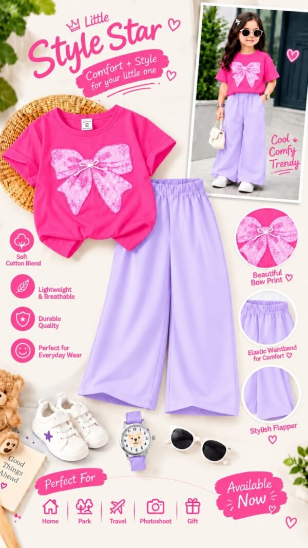 Girls Bow Print T-Shirt & Flapper Trouser Set - lilac flapper hot pink t-shirt colourway photo 17